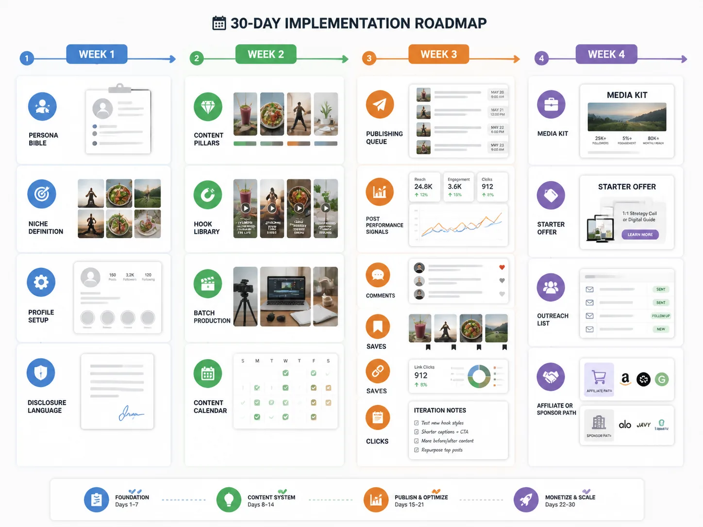 Four-week roadmap board showing the 30-day process from persona setup to content system to traction testing to monetization prep.