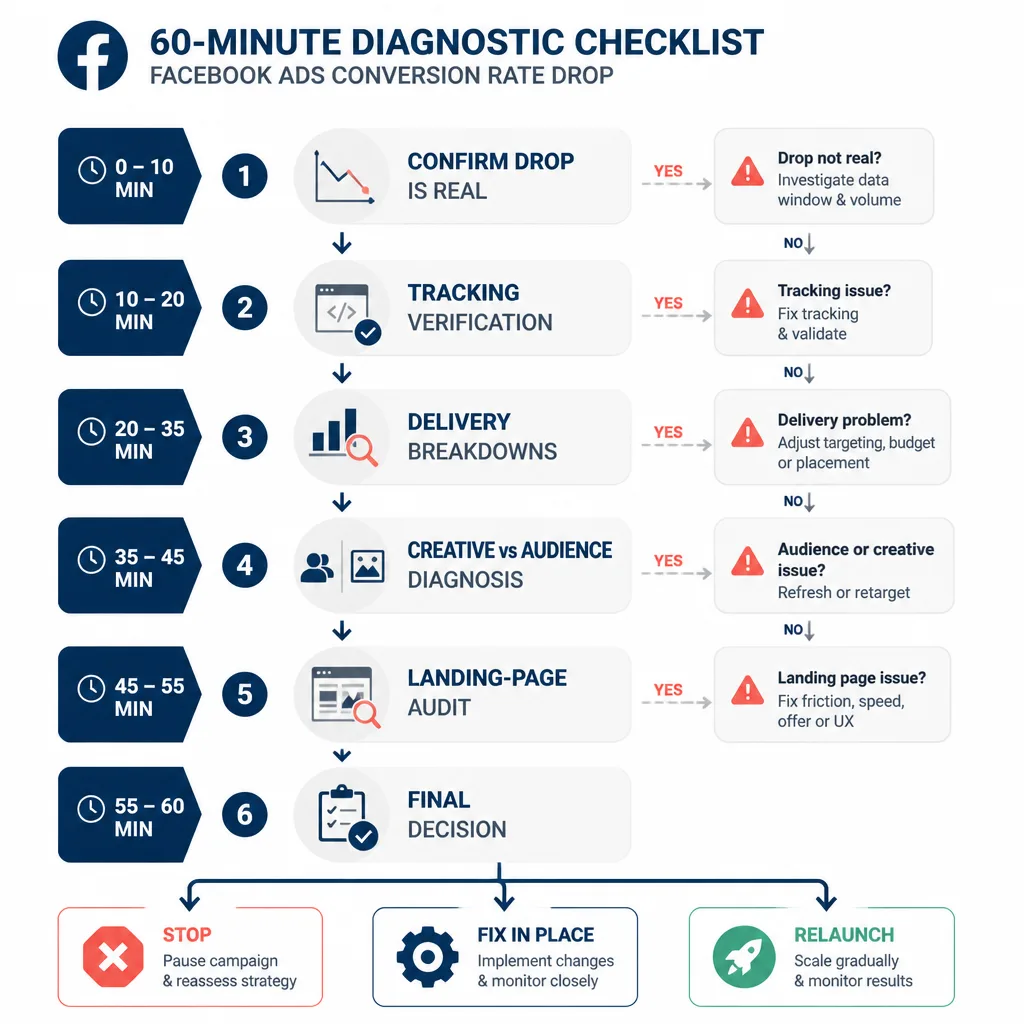 Decision flow diagram for a 60-minute diagnostic process moving from confirming the drop to tracking, delivery, creative and audience, landing page, and final action choices