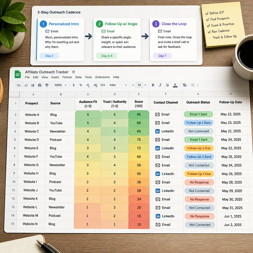 Spreadsheet-style outreach board with prospect scoring columns, contact status, follow-up dates, and a three-touch outreach cadence flow