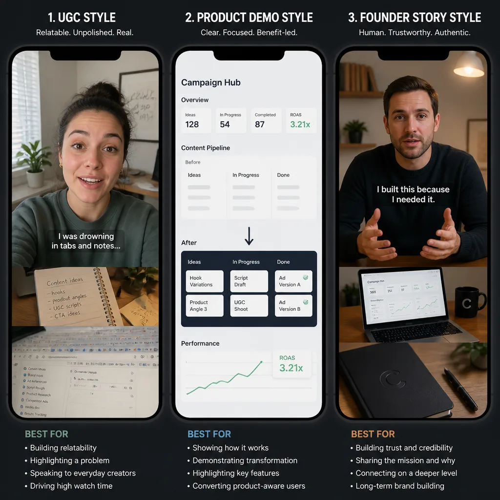 Comparison panel of three vertical ad style concepts: UGC-style selfie video, product demo interface view, and founder-style direct-to-camera setup