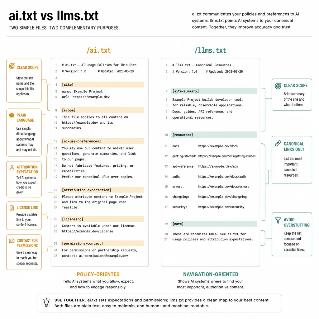 Side-by-side annotated text layouts of an example ai.txt file and an example llms.txt file with highlighted effective elements