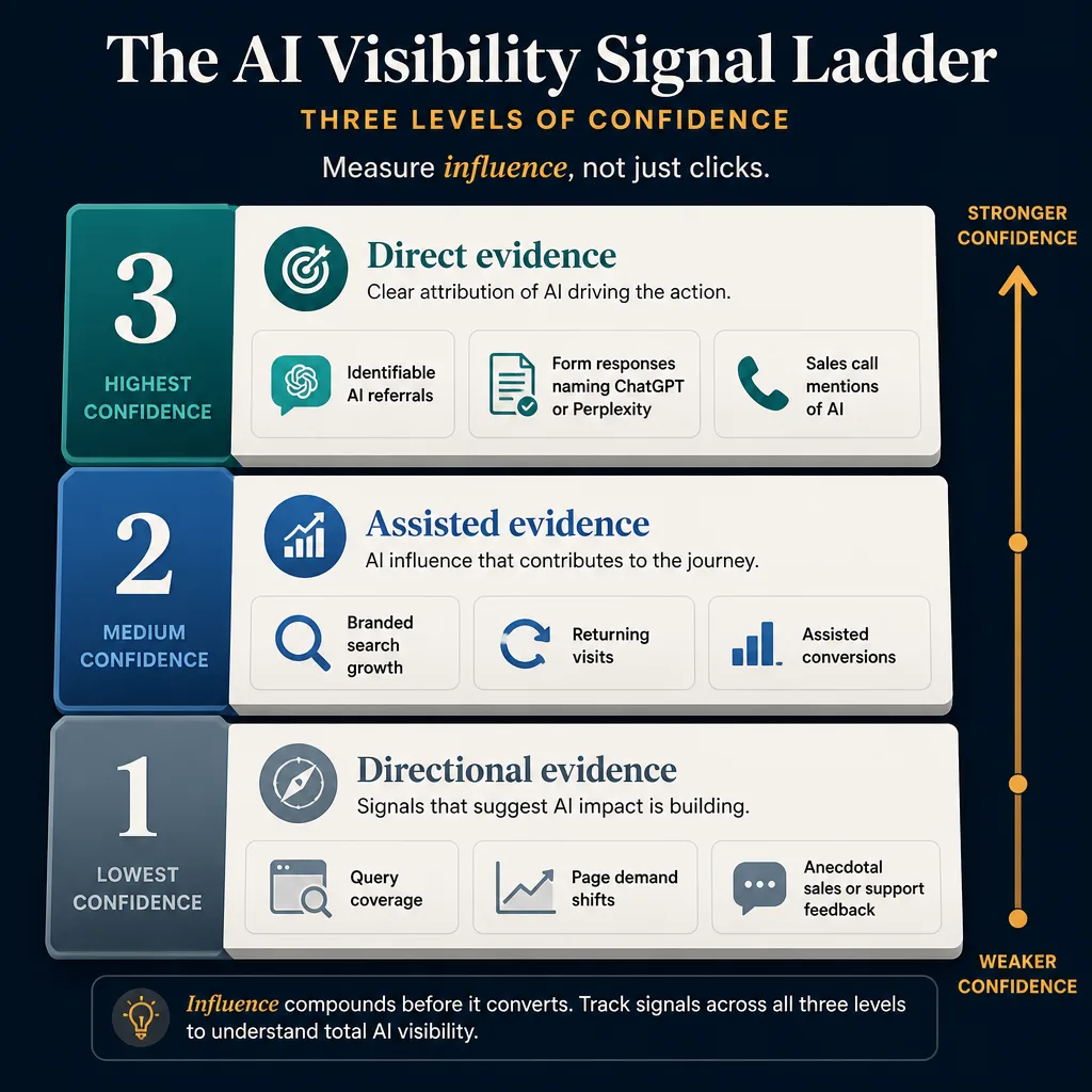 Three-tier signal ladder showing direct evidence, assisted evidence, and directional evidence for measuring AI visibility.