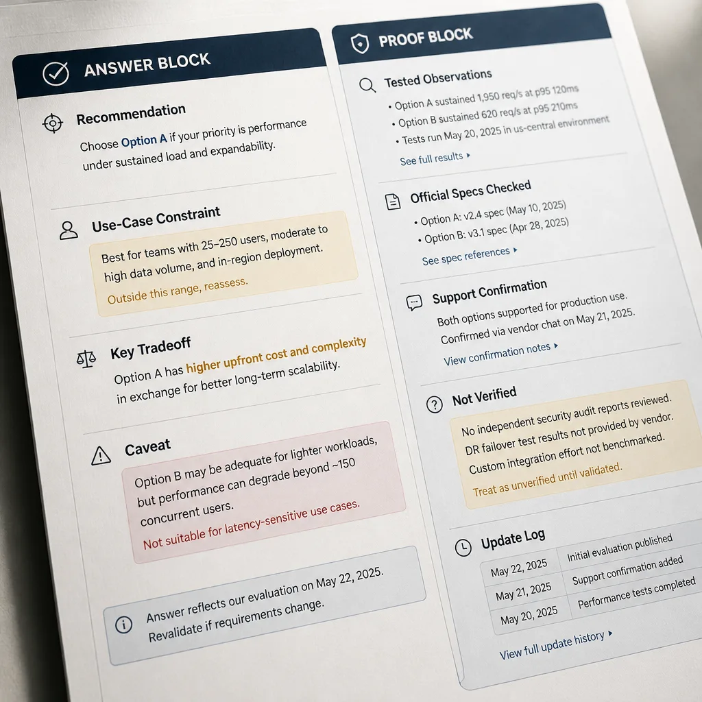 Close-up editorial layout of an Answer Block and Proof Block, with highlighted recommendation constraints, testing notes, evidence sources, and an update log.