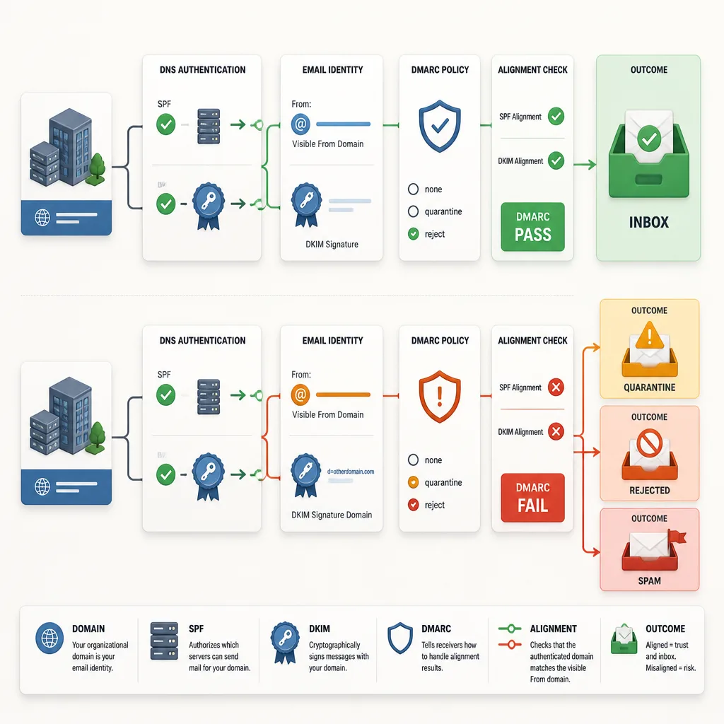 Layered technical diagram showing SPF, DKIM, and DMARC aligned with the visible From domain, with a passing path to inbox and a failing misaligned path to rejection or spam.