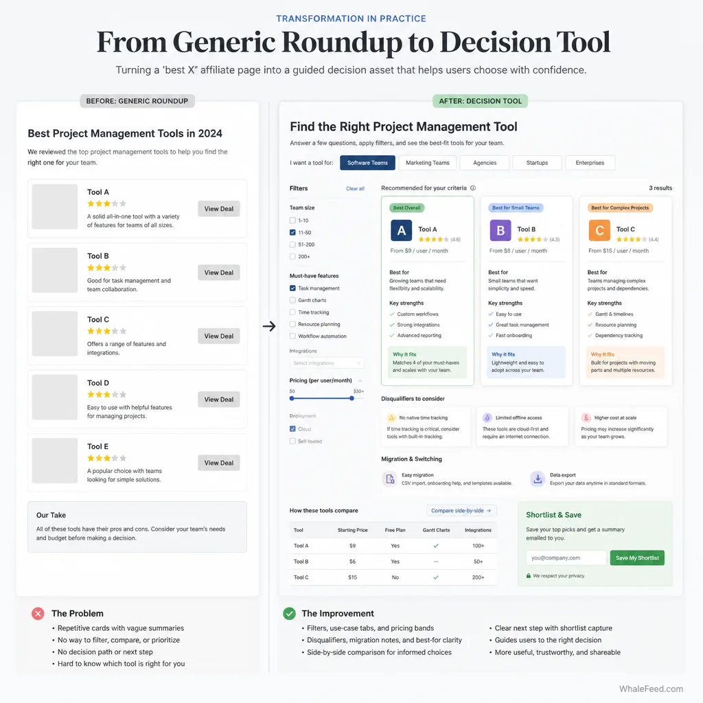 Before-and-after transformation of a generic best software roundup into a decision tool with filters, use-case paths, disqualifiers, pricing bands, and lead capture options.