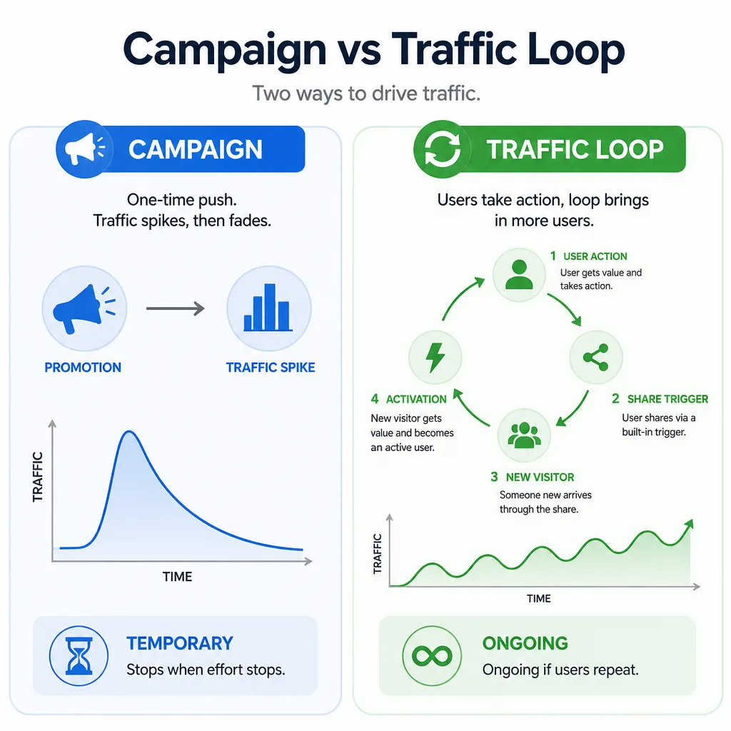 Side-by-side comparison of a one-time campaign versus a repeating traffic loop with arrows showing temporary spike versus ongoing compounding visits