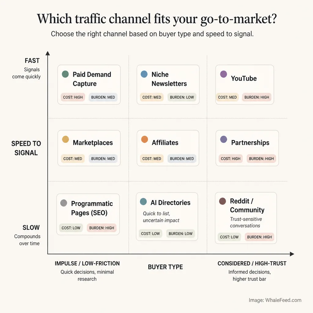 Channel choice matrix mapping traffic channels by speed to signal and buyer type, separating impulse purchases from considered purchases