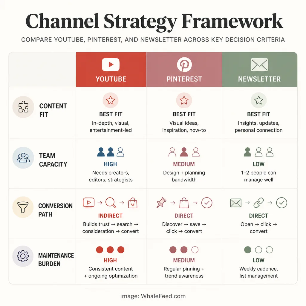 Decision framework matrix comparing YouTube, Pinterest, and newsletter by content fit, team capacity, conversion path, and maintenance burden.