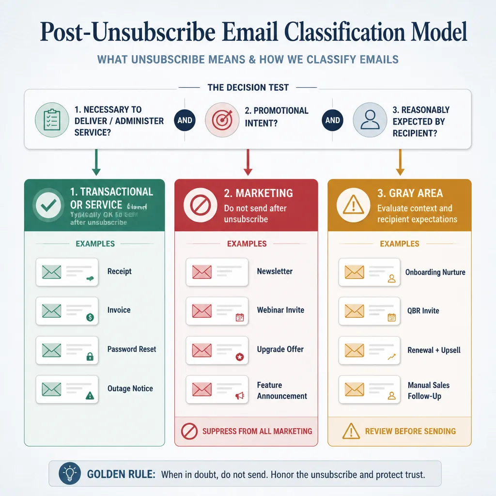 Decision framework graphic showing three message categories after unsubscribe: transactional or service, marketing, and gray area, each with example emails and a simple classification test.