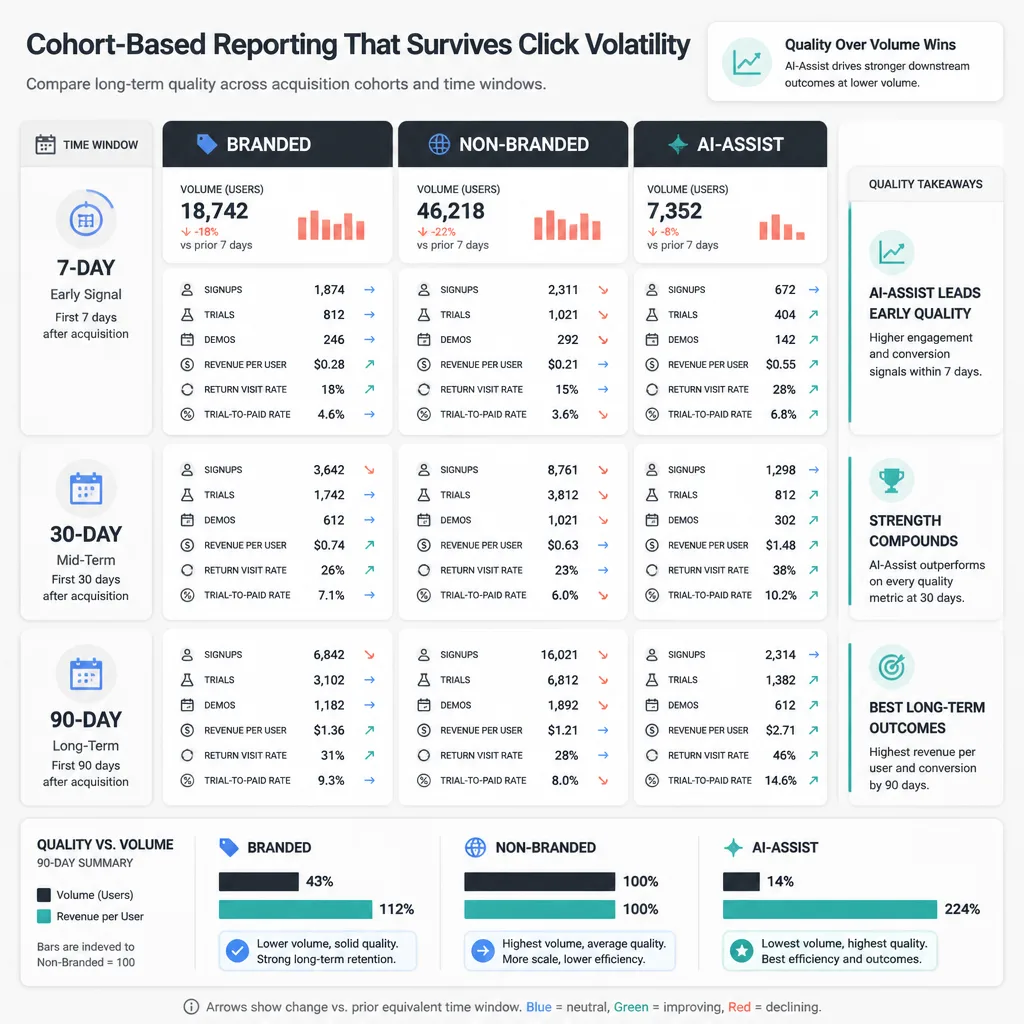 A cohort analysis dashboard comparing branded, non-branded, and AI-assist cohorts across 7-day, 30-day, and 90-day conversion windows.