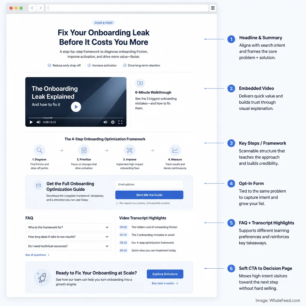 Annotated wireframe of a companion page showing summary, embedded video, key steps, opt-in form, FAQ, transcript highlights, and a soft path to a decision page