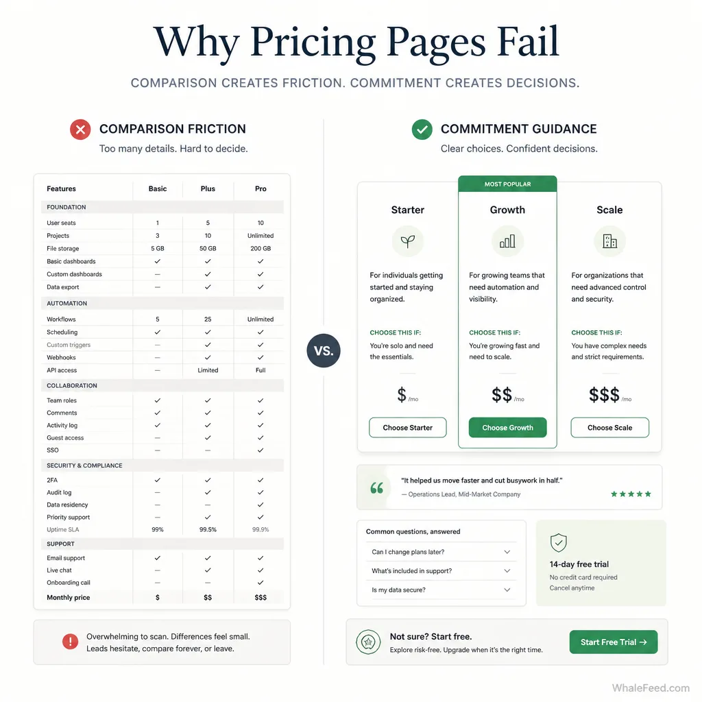Comparison-style diagram showing the shift from a dense feature grid to a decision-focused pricing layout with plan definition, fit cues, proof, and objections answered near the call to action.