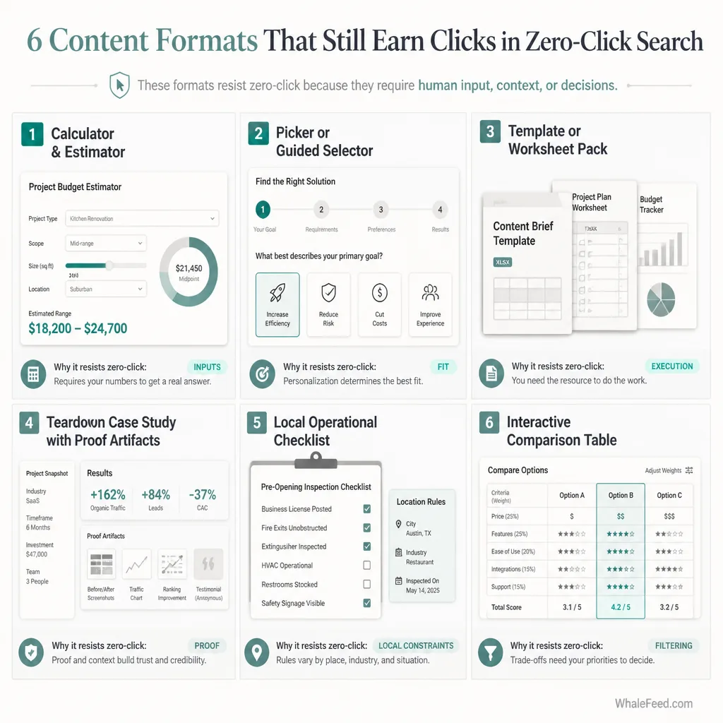 Structured visual grid showing six resilient content formats: calculator, guided selector, template pack, teardown case study, local checklist, and interactive comparison table.