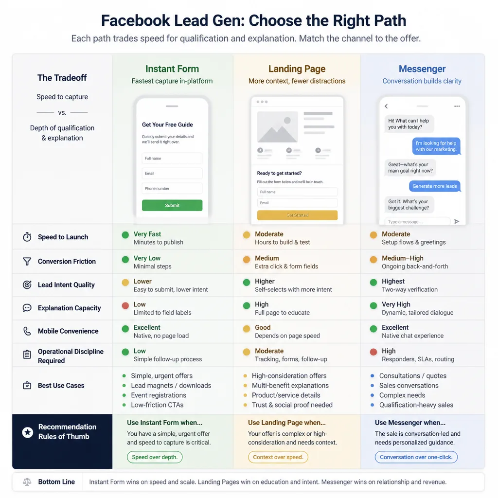 Comparison matrix of Instant Form, landing page, and Messenger across speed, intent, explanation needed, and operational burden