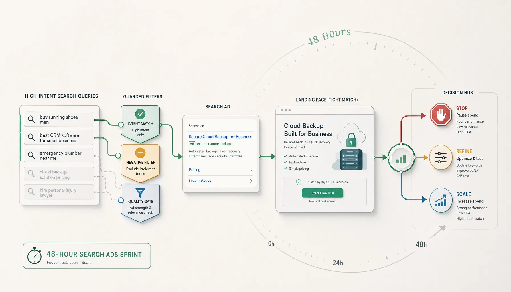 Wide editorial diagram showing a narrow search ads funnel from keyword selection to search terms, ad click, landing page, and a stop-refine-scale decision path over a 48-hour timeline