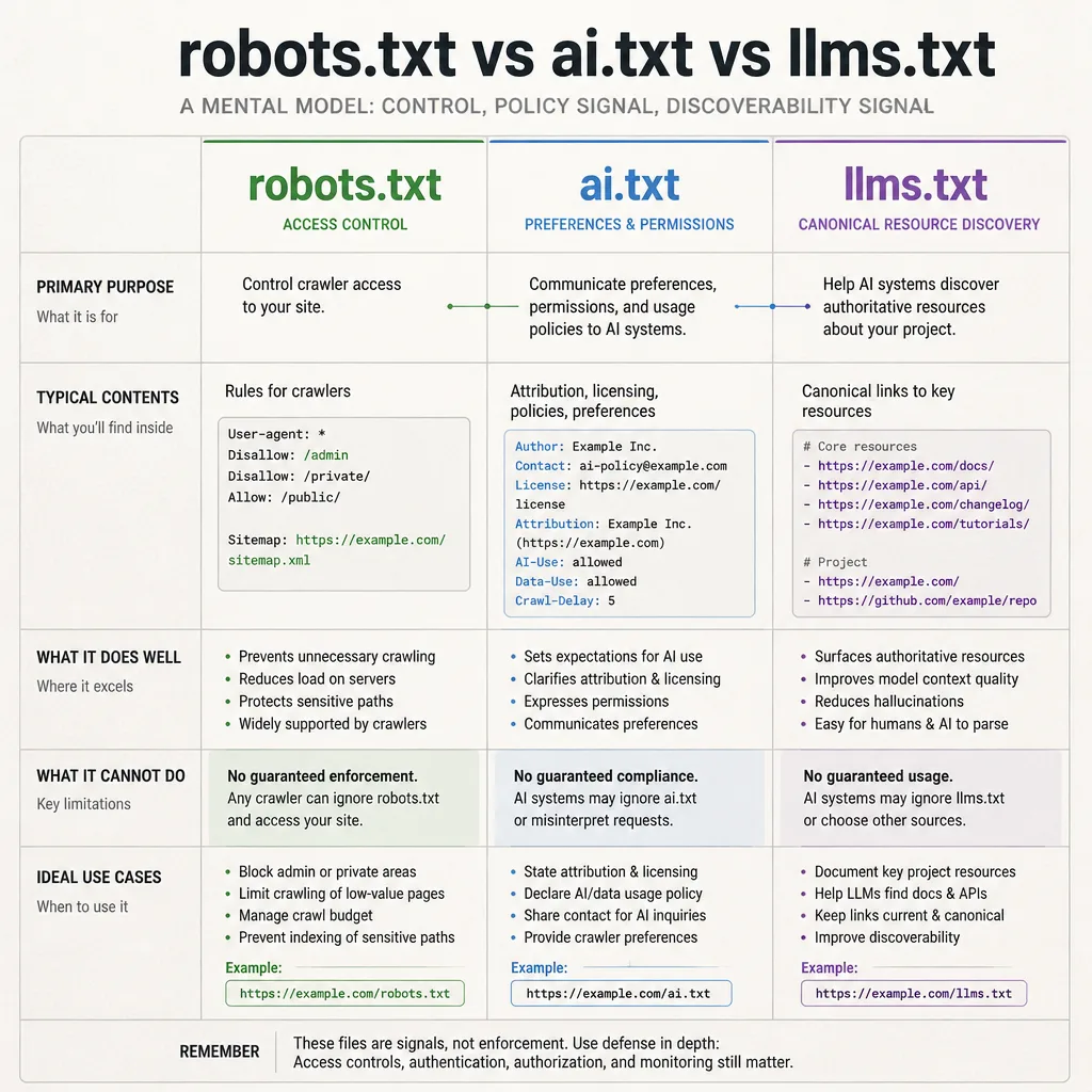 Comparison diagram with three columns showing robots.txt, ai.txt, and llms.txt mapped to control, policy, and discoverability functions
