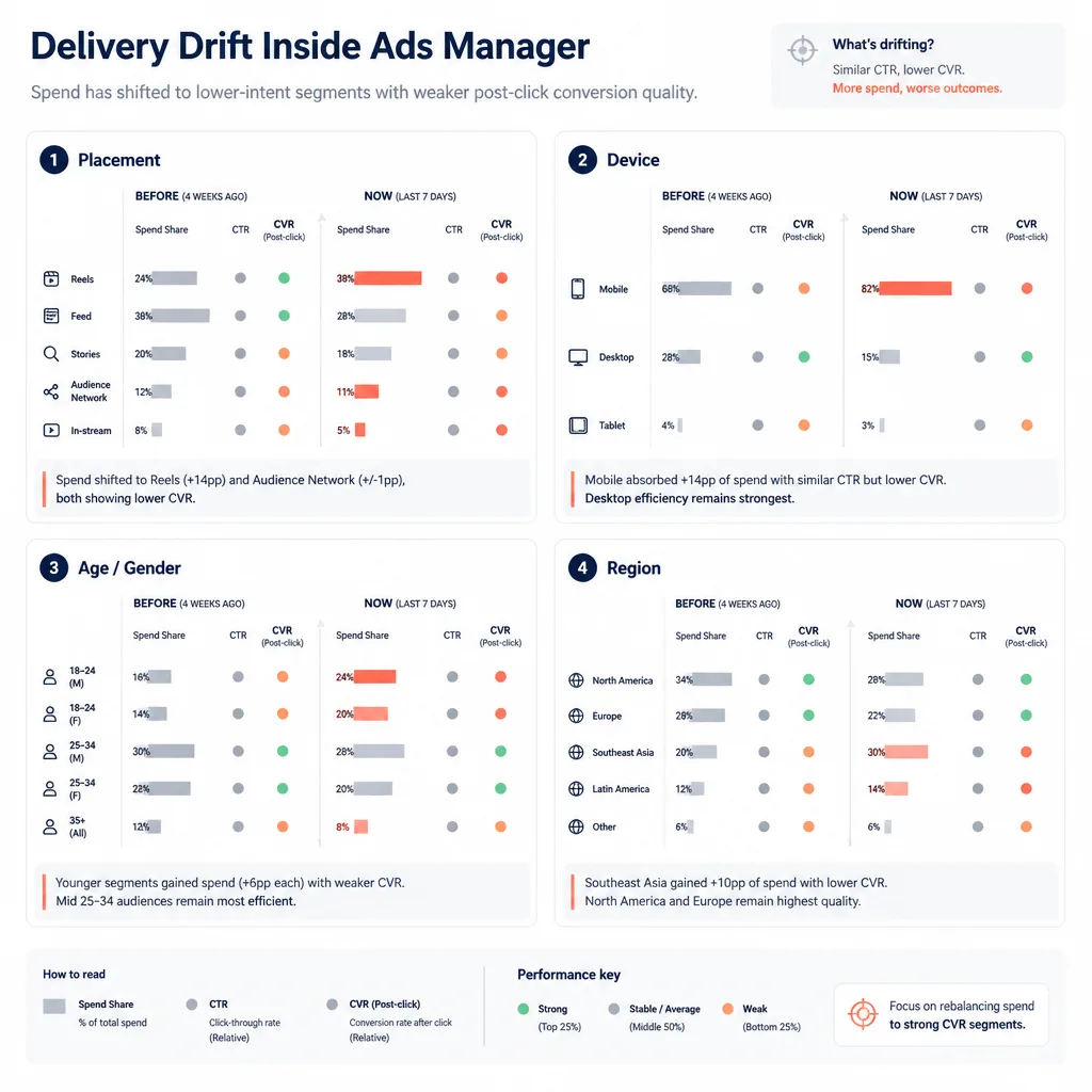 Ads Manager style breakdown matrix comparing placements, devices, ages, and regions, with spend drifting toward lower-converting segments and weaker mobile performance highlighted