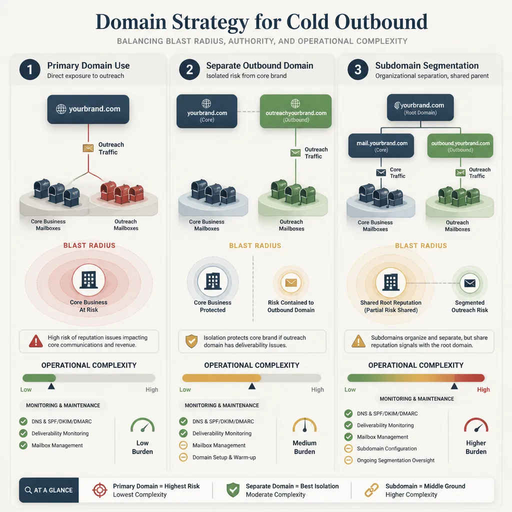 Comparison graphic showing primary domain, separate outbound domain, and subdomain strategies with different blast-radius zones and operational complexity indicators.