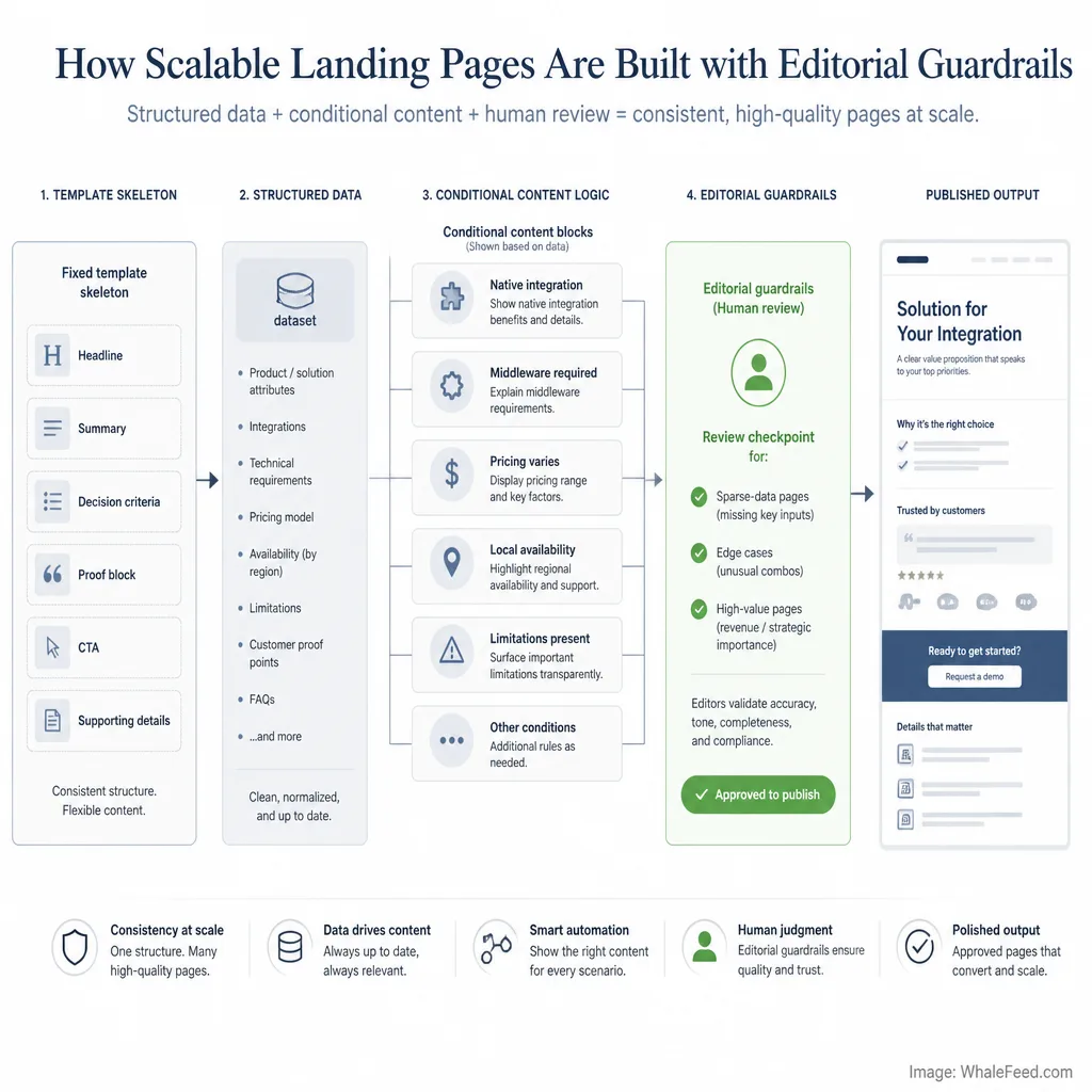 Workflow showing a scalable landing page template with a fixed structural skeleton and conditional proof blocks that change based on page data, with human review inserted for edge cases and high-value pages.