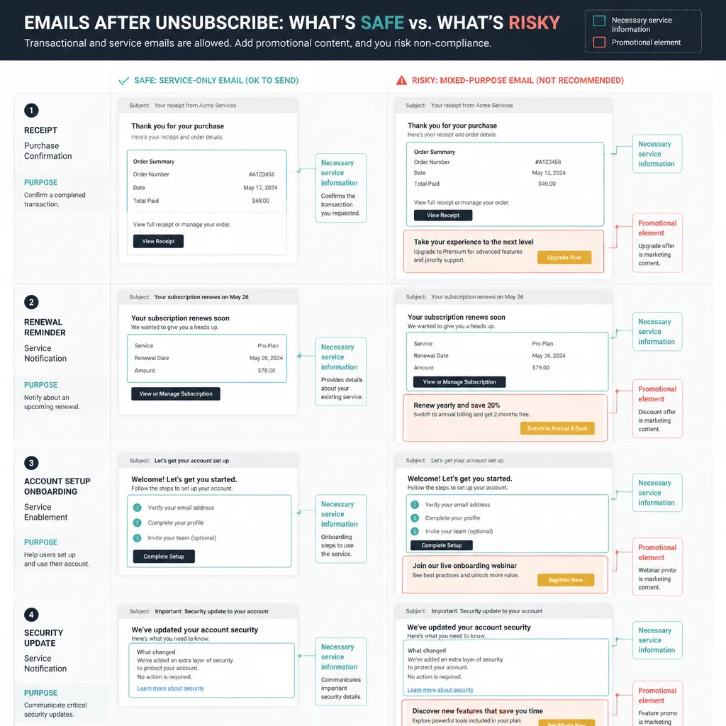 Annotated email examples showing which messages are usually allowed after unsubscribe and which become risky when promotional elements are added, including receipts, renewal notices, onboarding, and product updates.