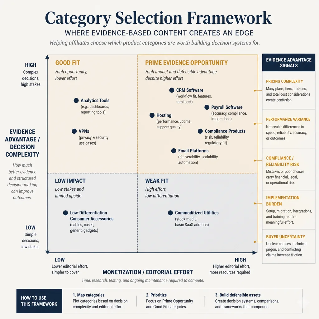 Decision matrix mapping product categories by evidence advantage and monetization effort, with categories like CRM, hosting, analytics, payroll, and low-differentiation products placed in different quadrants.