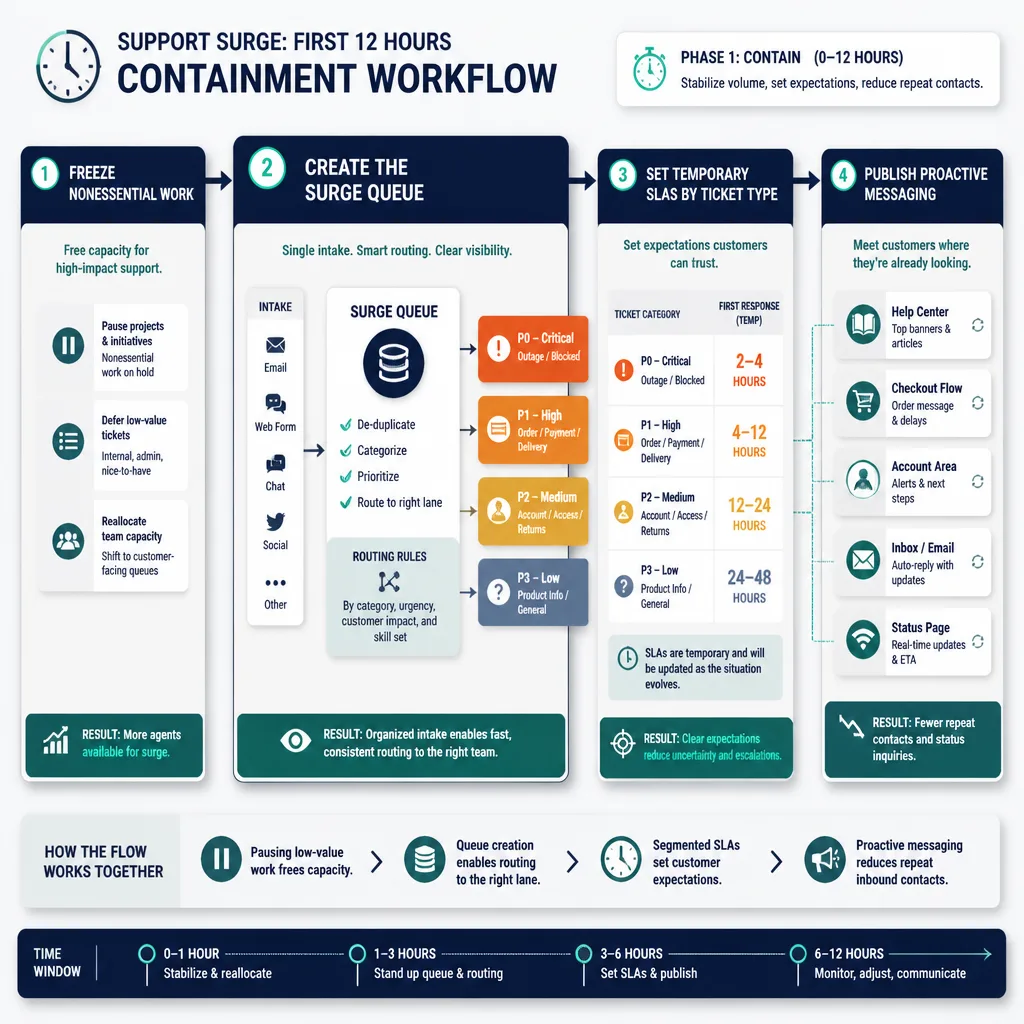 Process flow showing the first 12 hours of support surge containment with freeze actions, surge queue creation, segmented SLAs, and proactive customer messaging points