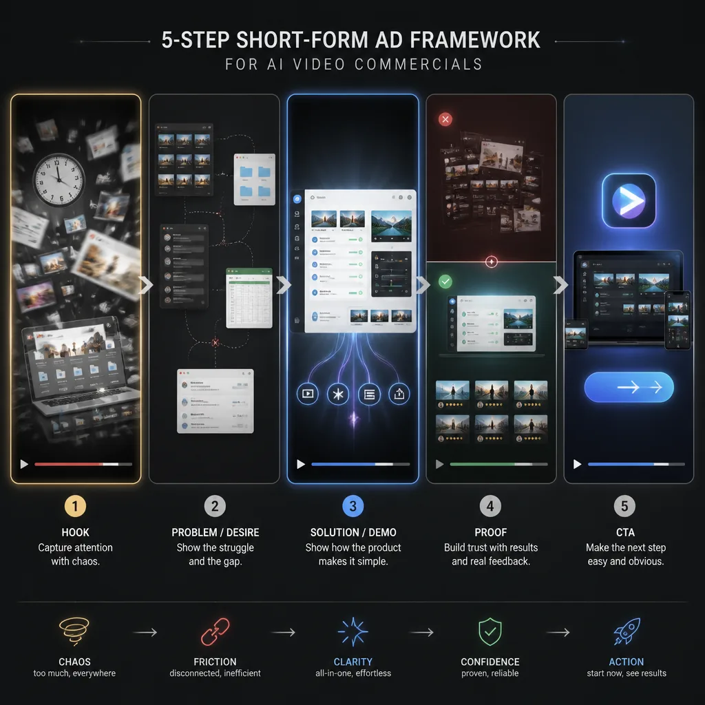 Storyboard-style five-stage short ad framework showing hook, problem, demo, proof, and call to action as sequential video frames