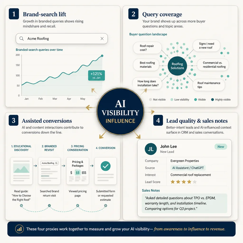 Four-panel framework showing brand-search lift, query coverage, assisted conversions, and CRM lead evidence as the main proxy metrics.