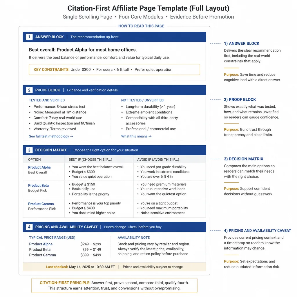 Annotated wireframe of a citation-first affiliate page with four stacked sections labeled Answer Block, Proof Block, Decision Matrix, and Pricing and Availability Caveat.