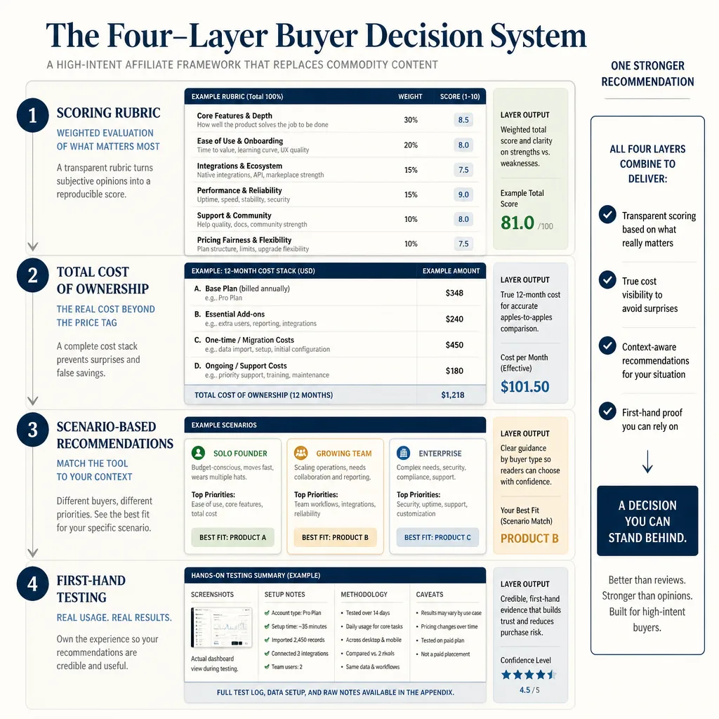 Framework diagram showing four evidence layers: scoring rubric, total cost of ownership, scenario-based recommendations, and first-hand testing, stacked into one decision system.