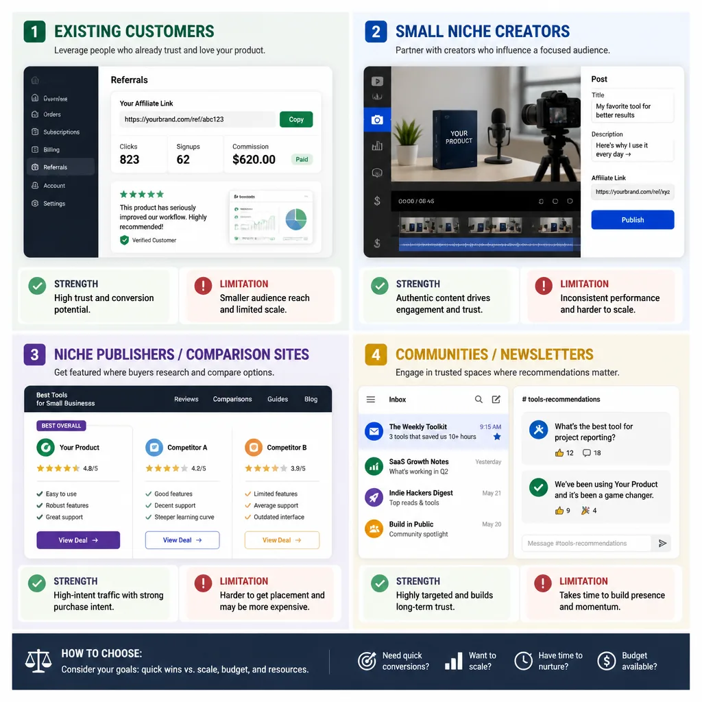 Four-panel comparison layout showing customers, niche creators, niche publishers, and communities as different affiliate source types with distinct strengths and limitations