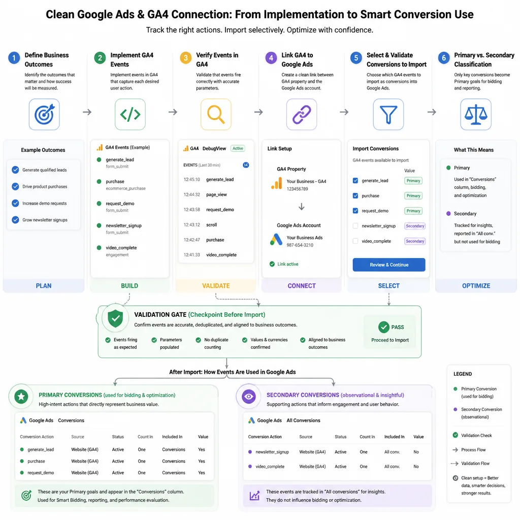 Clean setup workflow showing GA4 events being verified, linked to Google Ads, and selectively imported as primary or secondary goals.