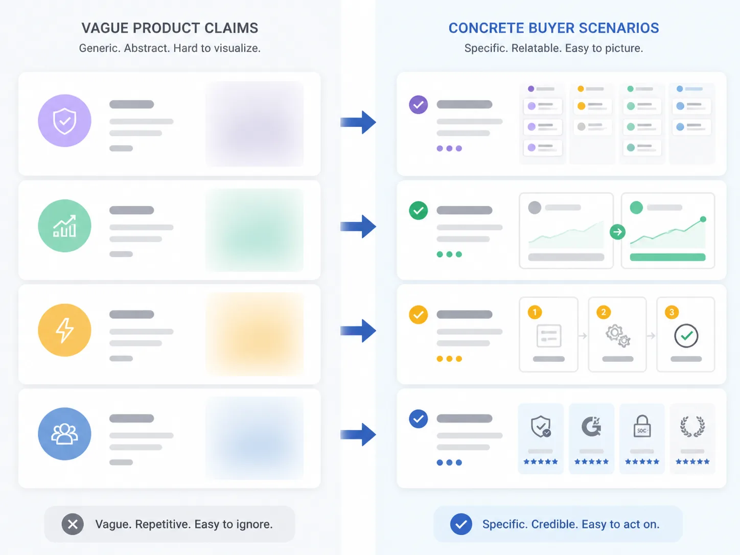 Comparison layout with vague marketing claims on one side and specific buyer-focused script lines with matching visual demo cues on the other