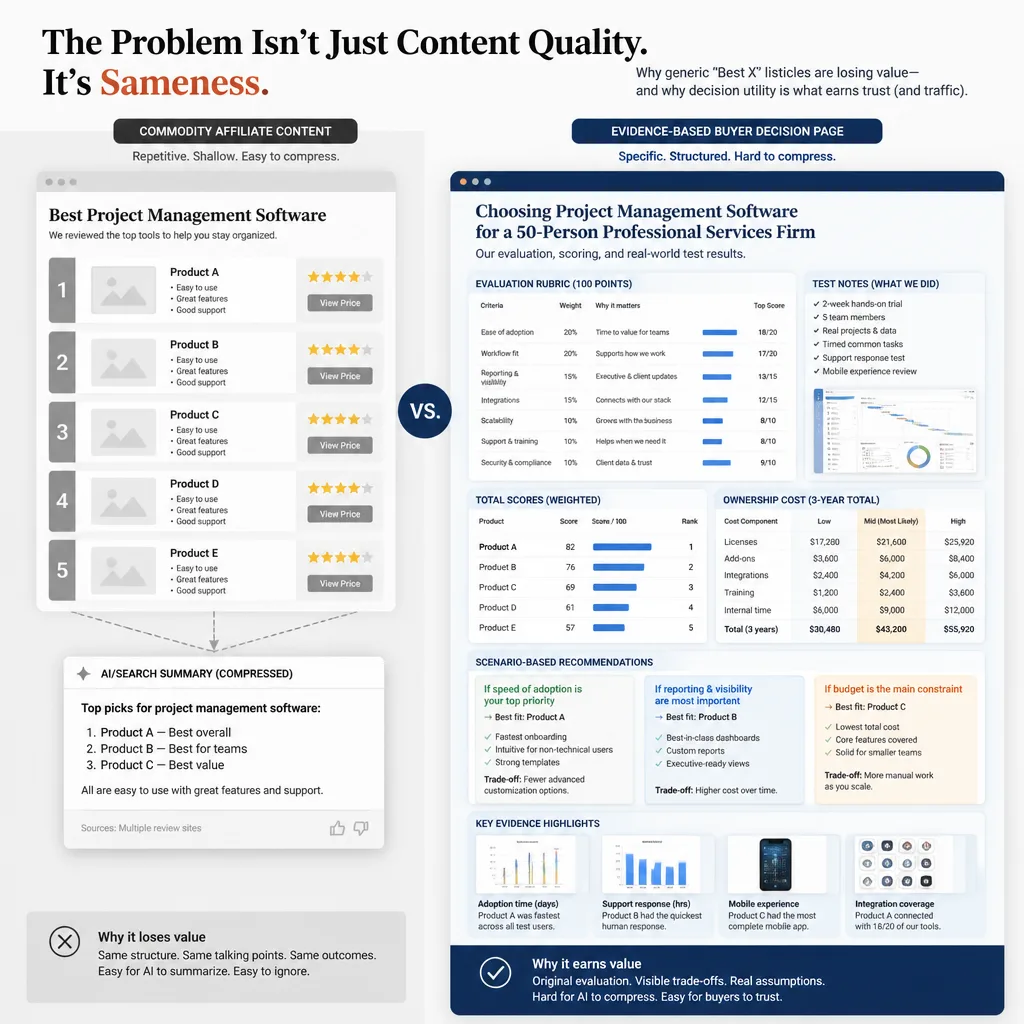 Side-by-side comparison showing a compressed generic best-tools list on one side and a detailed evidence-based decision page with rubric, costs, and scenarios on the other.