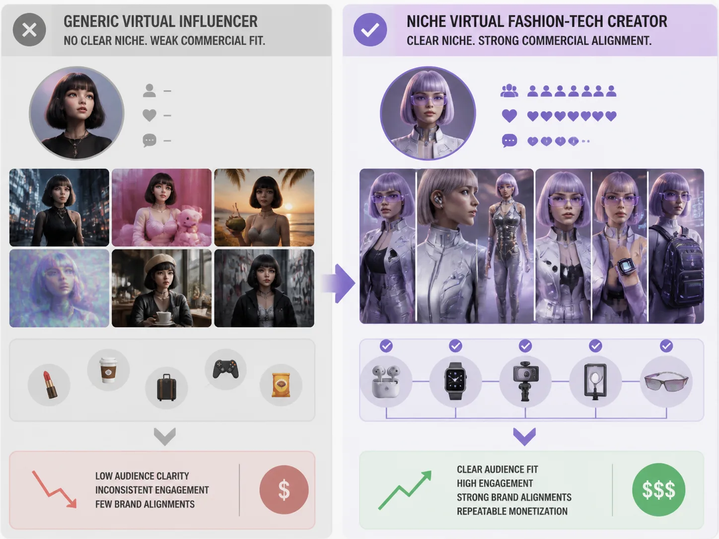 Side-by-side comparison of a generic aesthetic virtual influencer account and a niche-specific fashion-tech virtual influencer with advertiser alignment.