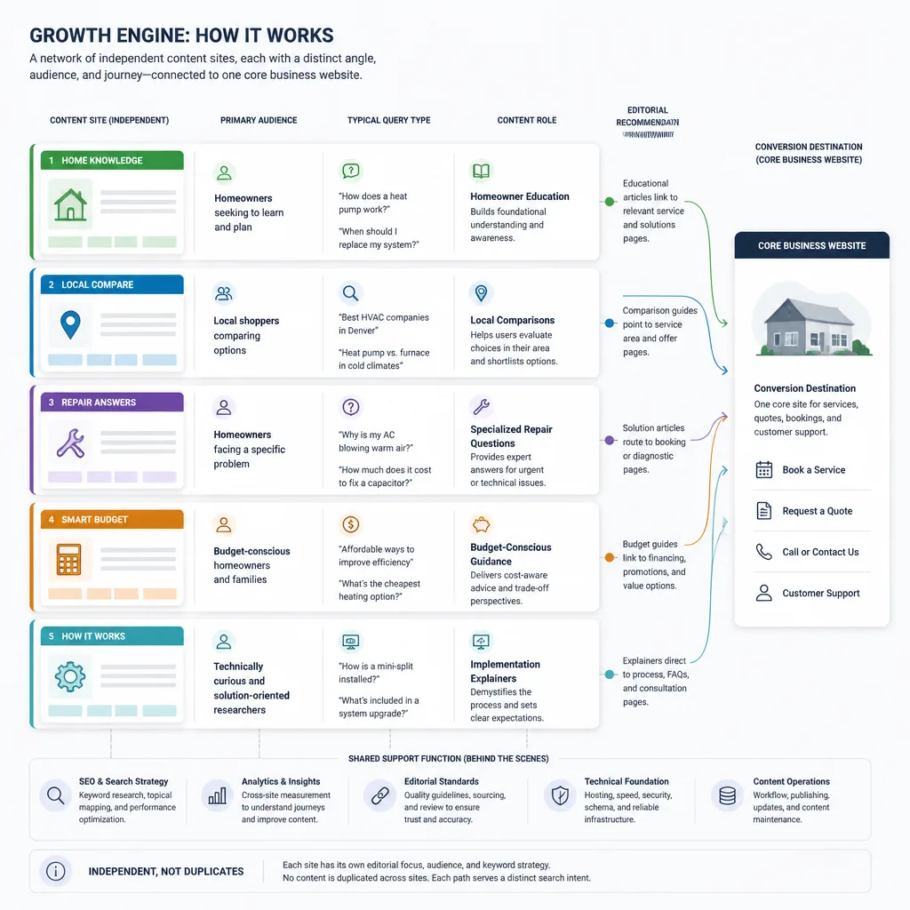 Portfolio-style map of several independent content sites, each with its own audience, content angle, and search journey, all connected to one brand site