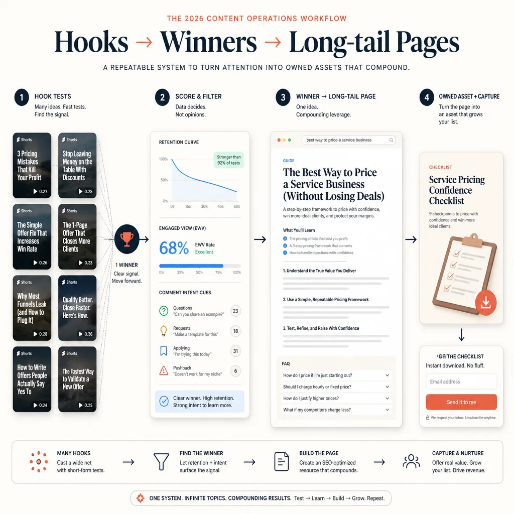Workflow diagram showing four stages: test narrow hooks with Shorts, identify winners with engagement signals, build long-tail pages, and add a downloadable asset.