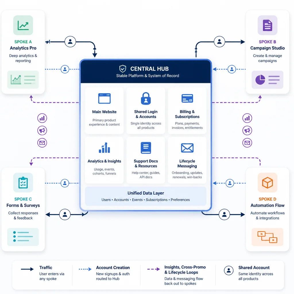 A hub-and-spoke architecture view with a central platform layer connected to several narrow micro-app spokes, and arrows showing traffic, accounts, billing, and insights moving through the system.