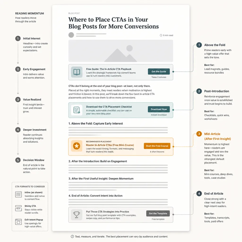 Annotated article page wireframe showing CTA placements above the fold, after the introduction, mid-article after the first insight, and at the bottom.