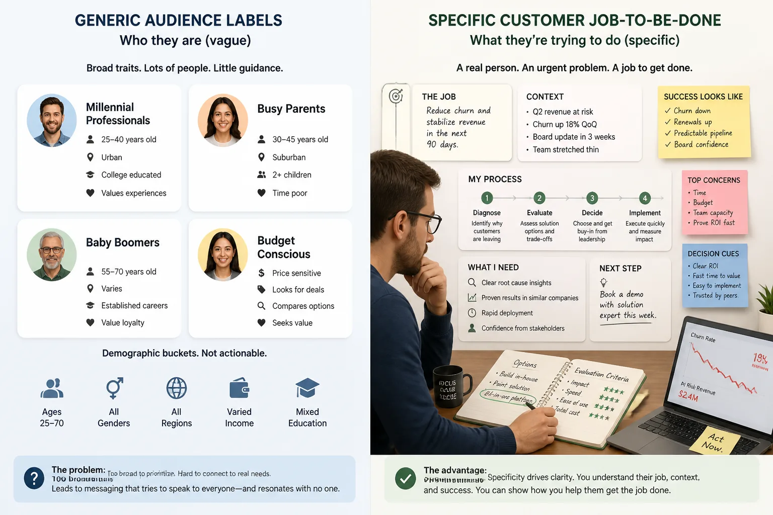 Conceptual comparison between demographic audience labels and jobs-to-be-done audience definition