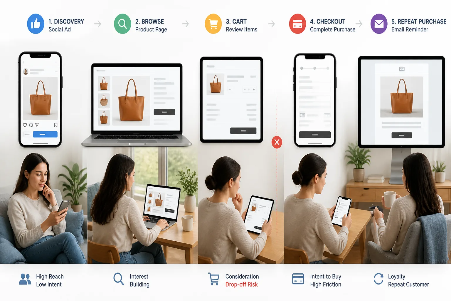 Ecommerce customer journey example with product discovery product page checkout and repeat purchase shown as a visual sequence