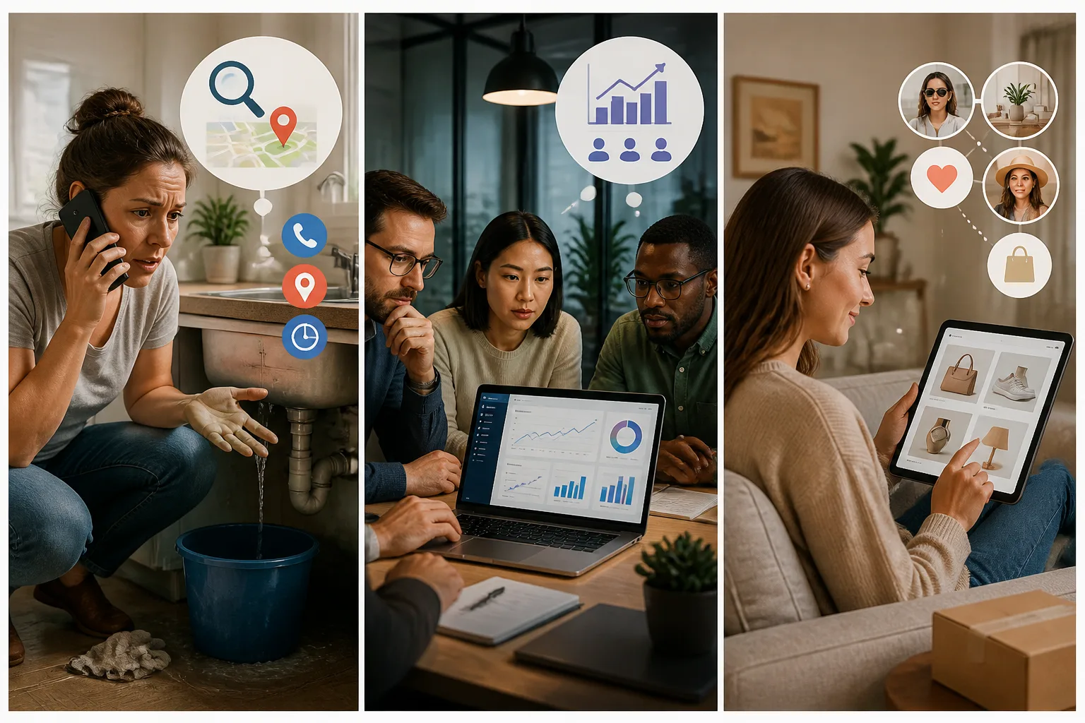 Three-panel comparison of local service, SaaS, and ecommerce businesses with their most suitable ad channel patterns