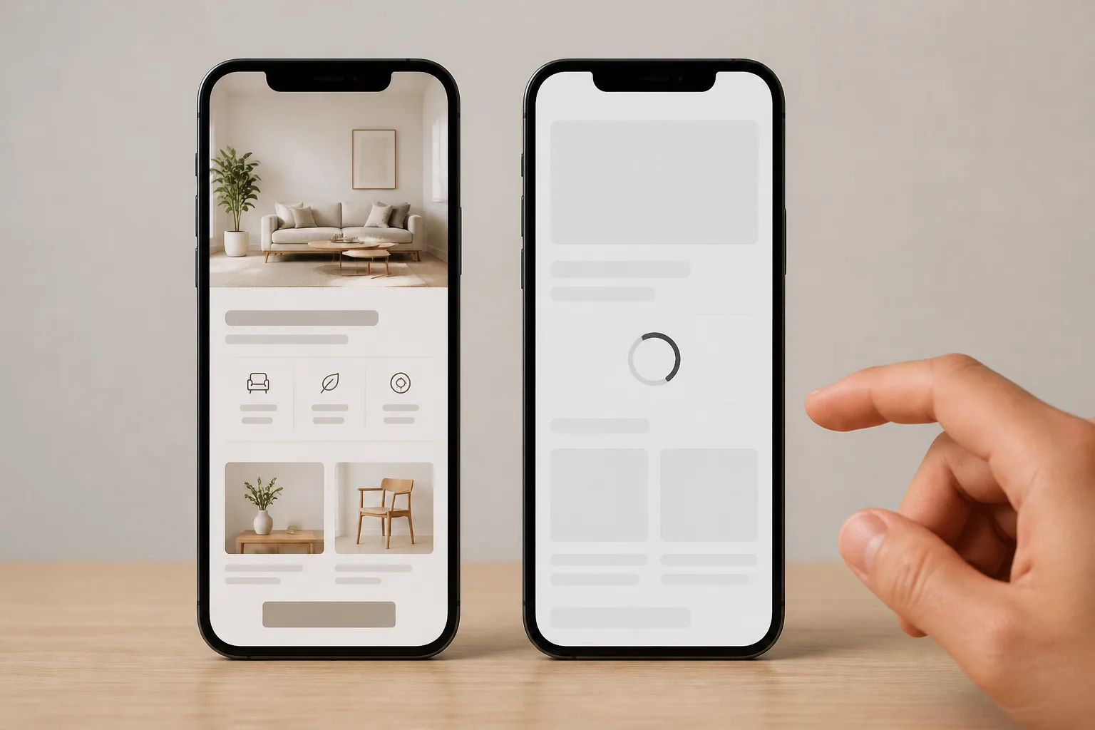 Mobile landing page speed illustration showing fast and slow loading experiences side by side