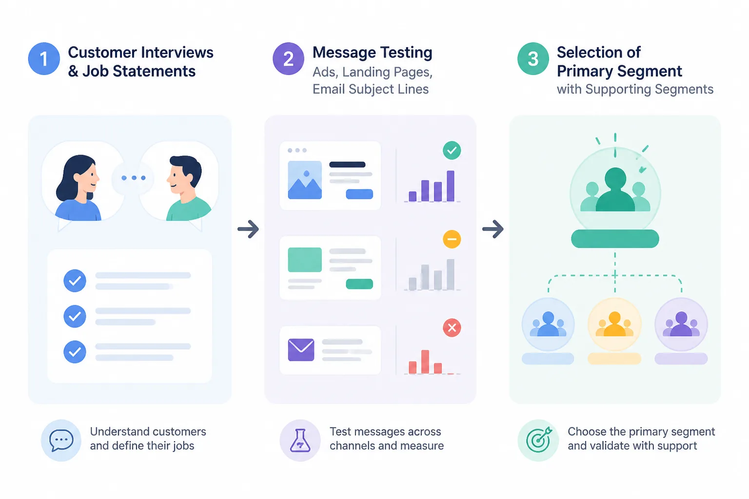 Simple workflow diagram showing the two-step method from customer jobs to message testing to primary segment selection