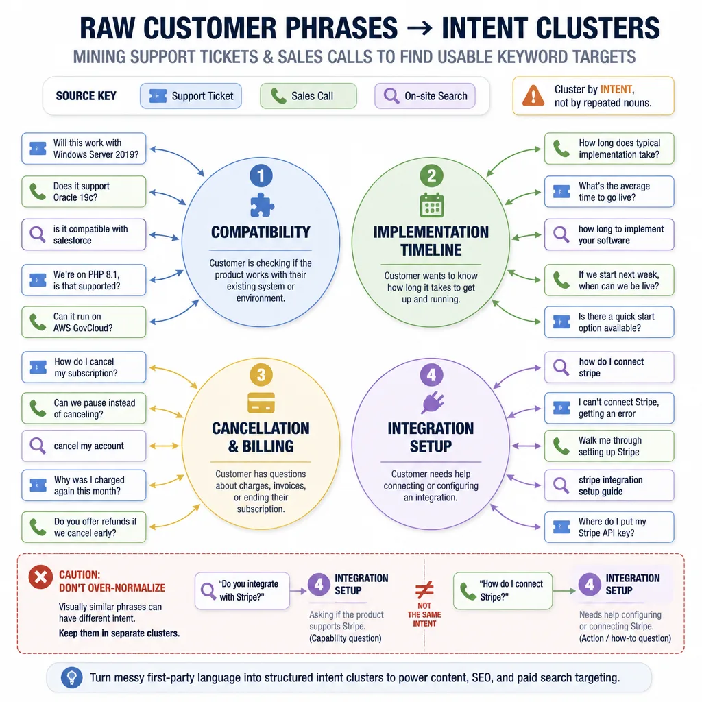 Cluster map of raw support and sales phrases grouped by intent while keeping wording variants visible around each cluster