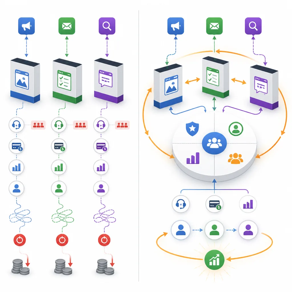 A comparison diagram showing separate isolated apps on one side and an interconnected flywheel portfolio on the other, with resource duplication versus shared leverage.