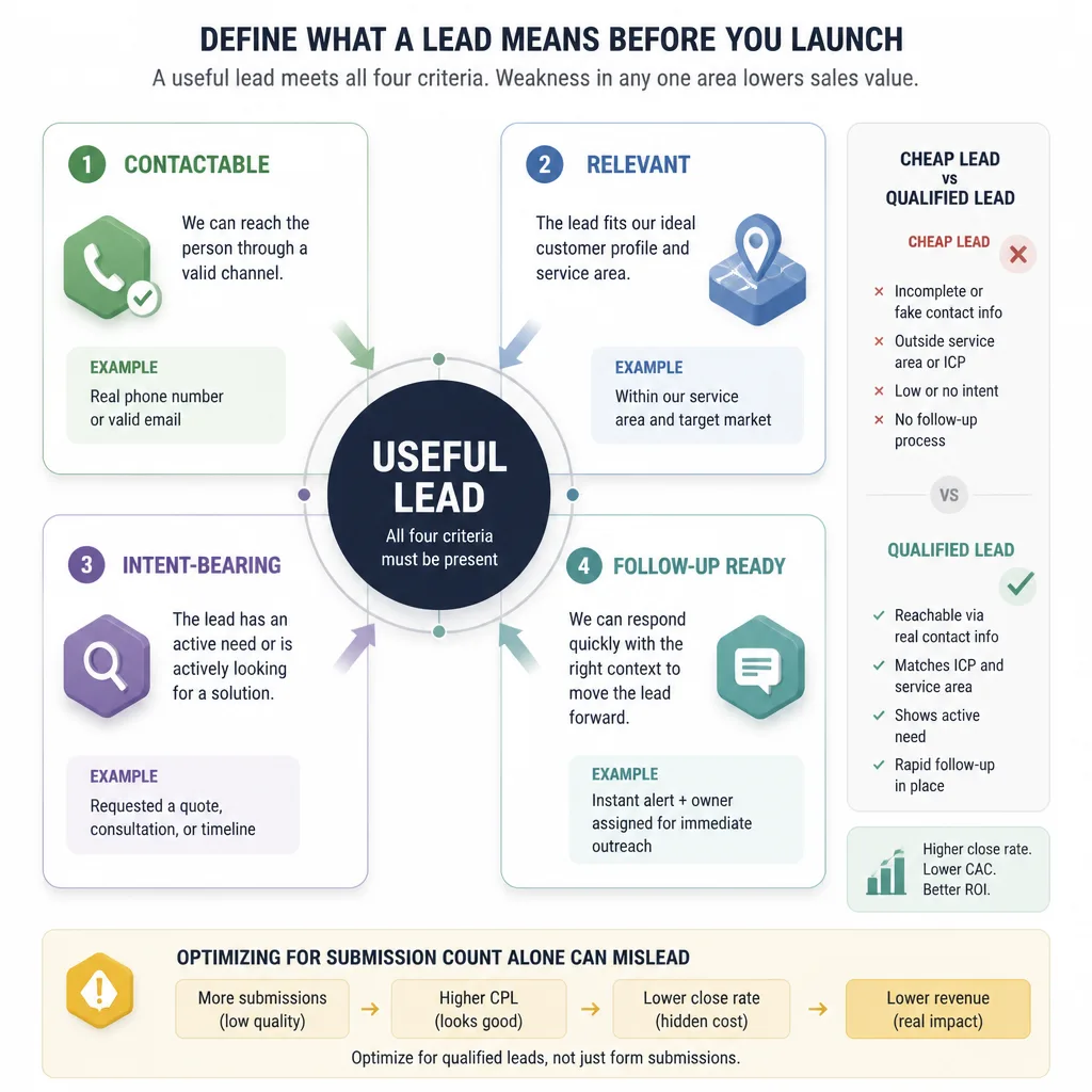Square decision framework comparing what counts as a useful lead using four criteria: contactable, relevant, intent-bearing, and follow-up ready