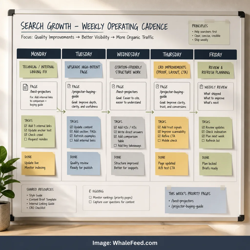 Lean-team weekly workflow board showing how SEO fixes, AI-ready content upgrades, and conversion improvements fit into a simple maintainable operating cadence.