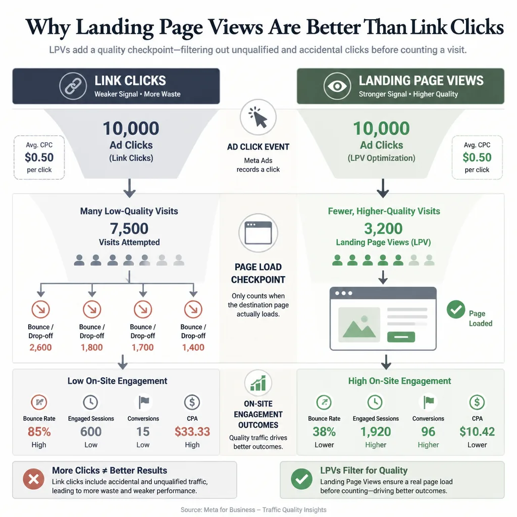 Comparison diagram with two columns showing link clicks versus landing page views and the drop-off from click to actual page load