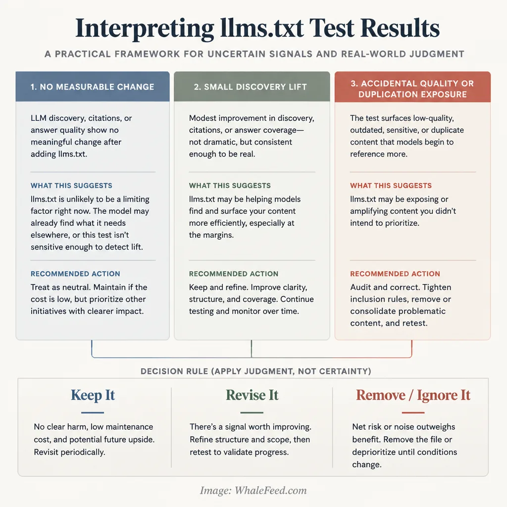 Three-outcome interpretation graphic showing no measurable change, small discovery lift, and accidental quality or duplication exposure, with a decision path to keep, revise, or remove.